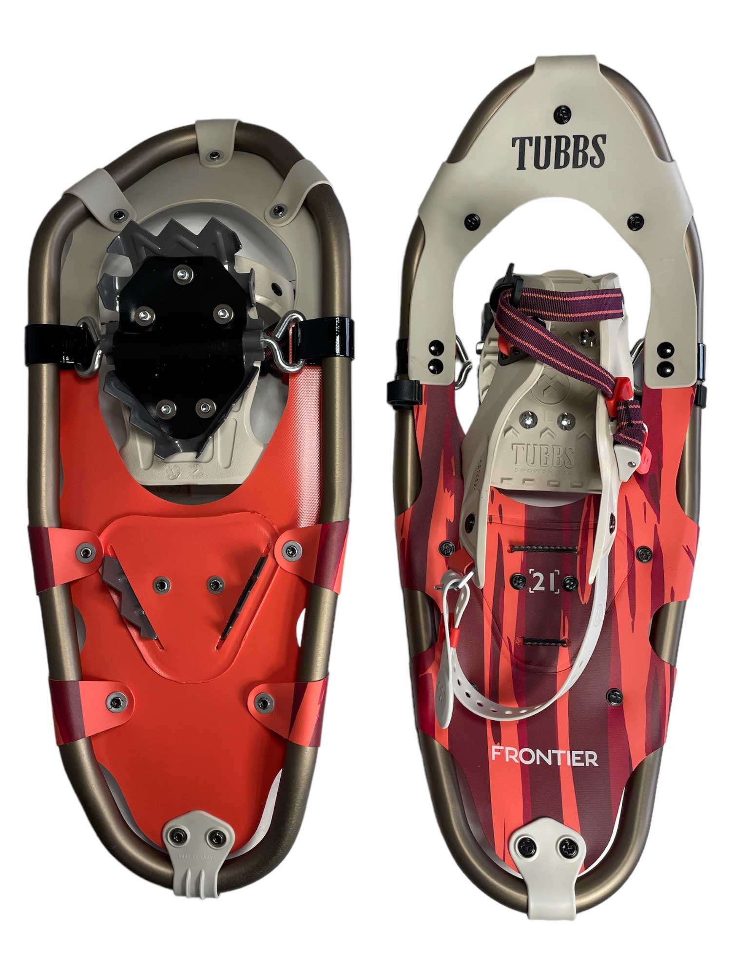 A pair of Tubbs Women's Frontier Snowshoes—one shows the red and tan top with bindings, the other displays the metal underside with traction spikes—ideal for hiking or snowshoeing.