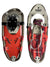 A pair of Tubbs Women's Frontier Snowshoes—one shows the red and tan top with bindings, the other displays the metal underside with traction spikes—ideal for hiking or snowshoeing.