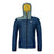 Men's insulated jacket with hood, blue quilted design and teal/yellow lining