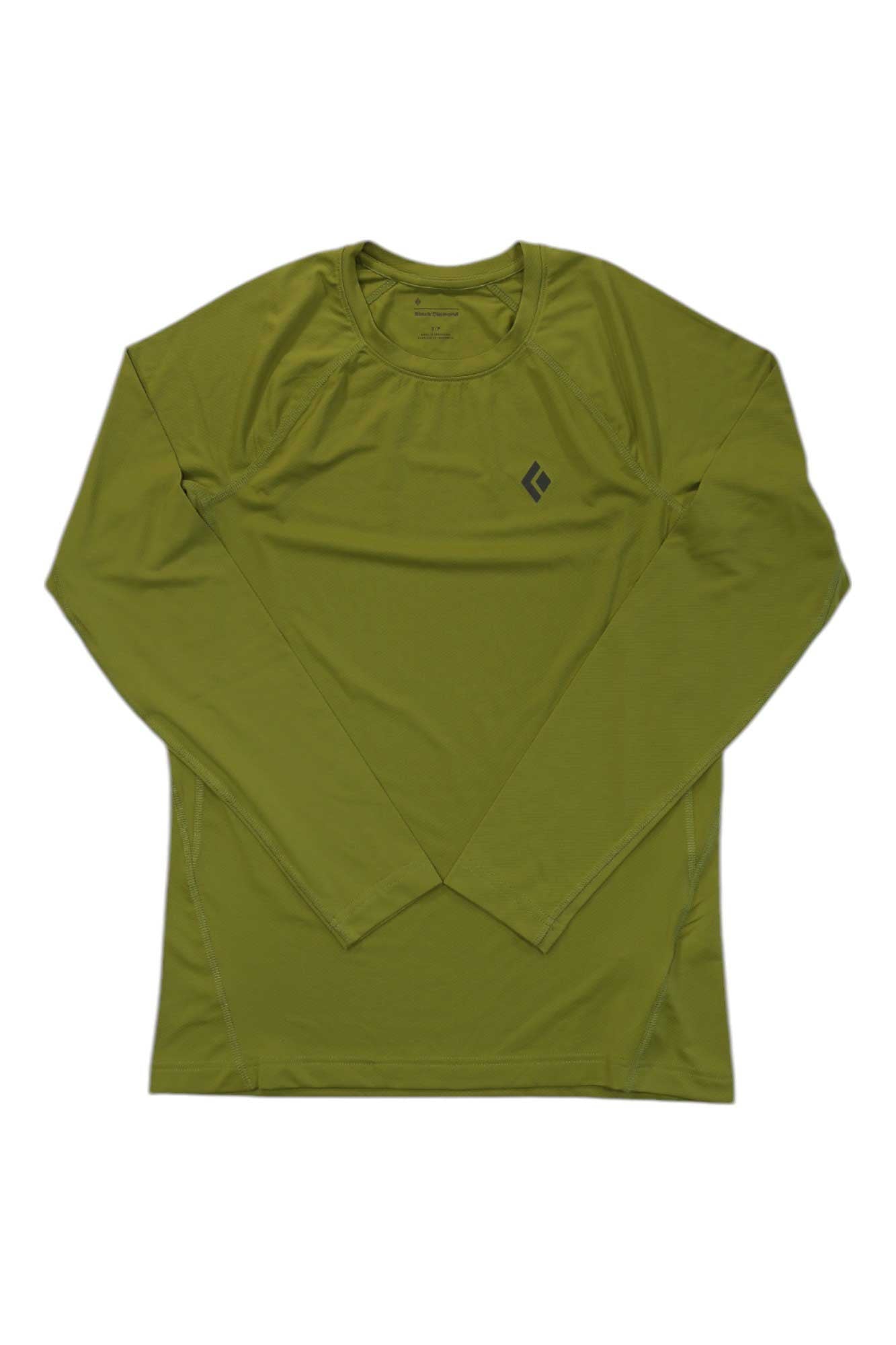 Black Diamond Mens Alpenglow Crew in olive green, long-sleeve, shown flat on a white background. Features UPF 50+ sun protection and a small black logo on the left chest.