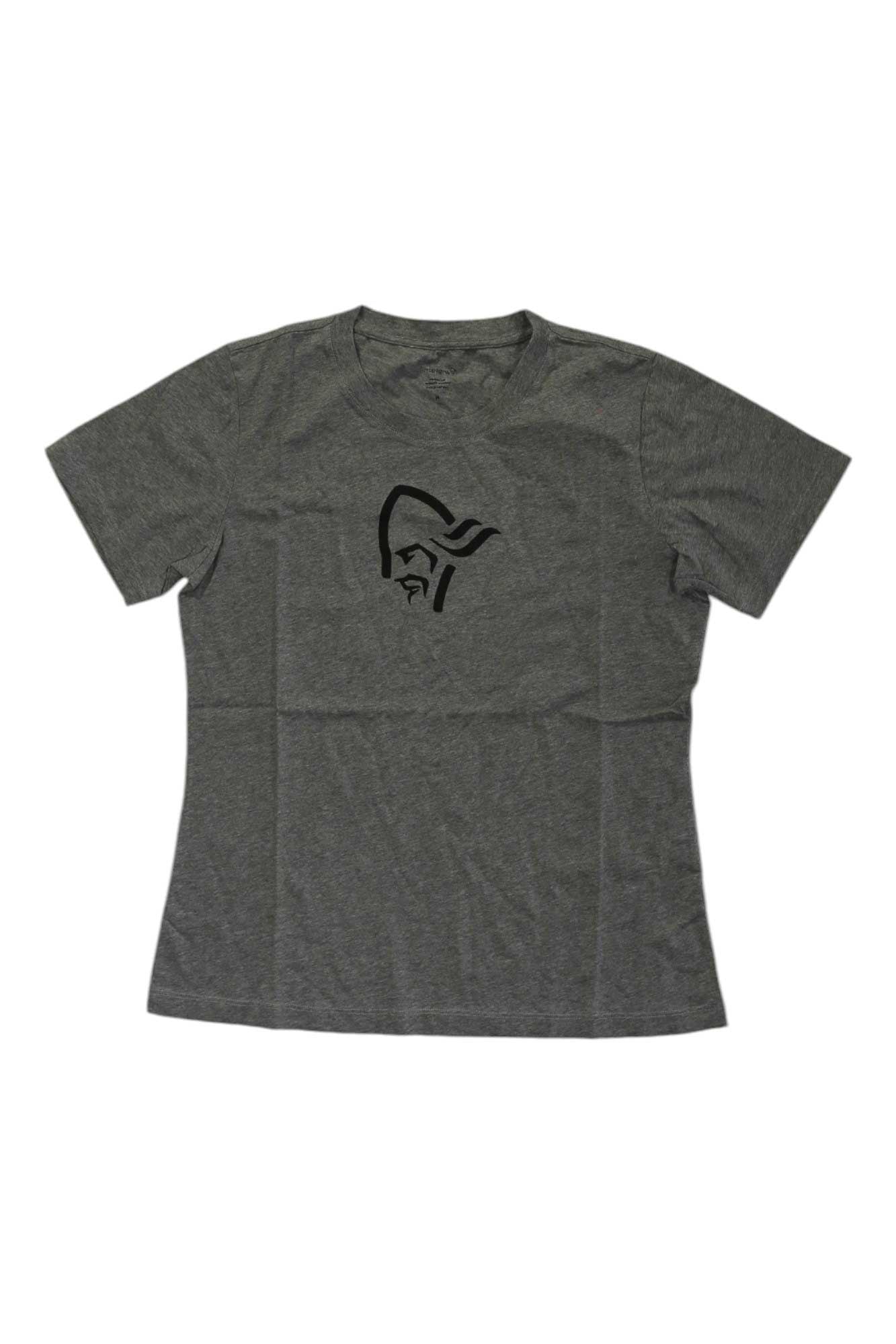 The Norrona Womens /29 Cotton Viking T-Shirt is a gray organic cotton tee featuring a minimalist black viking face with headscarf—perfect for women who value sustainable outdoor style.