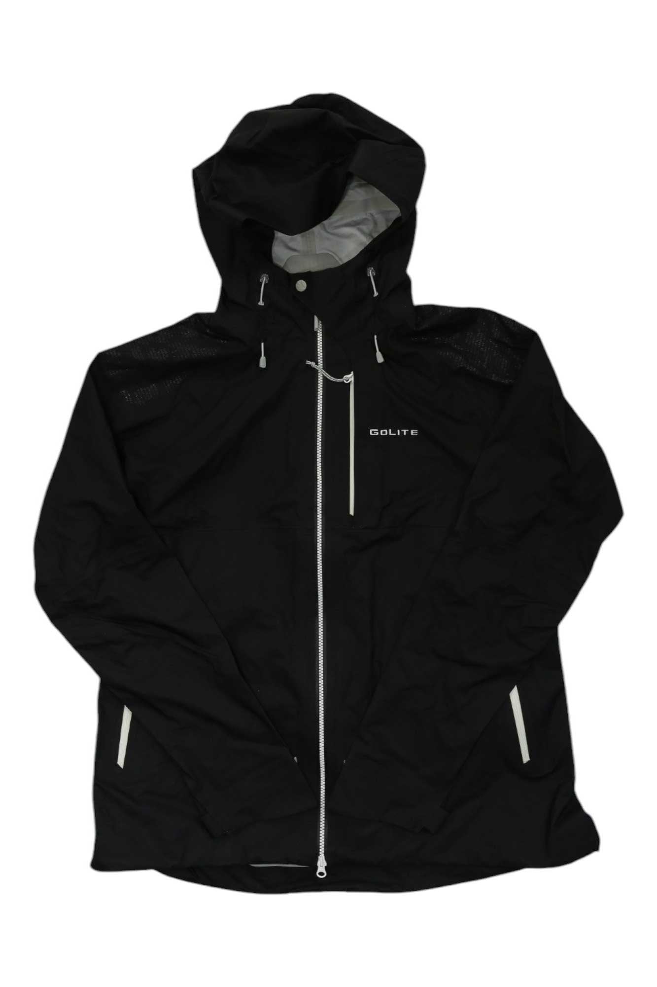 The GoLite Womens Pinnacle Pro Jacket is a black, hooded outdoor jacket with a front zipper, white drawstrings, reflective accents, long sleeves, high collar, and GoLite branding on the left chest—ideal for hiking or outdoor adventures.
