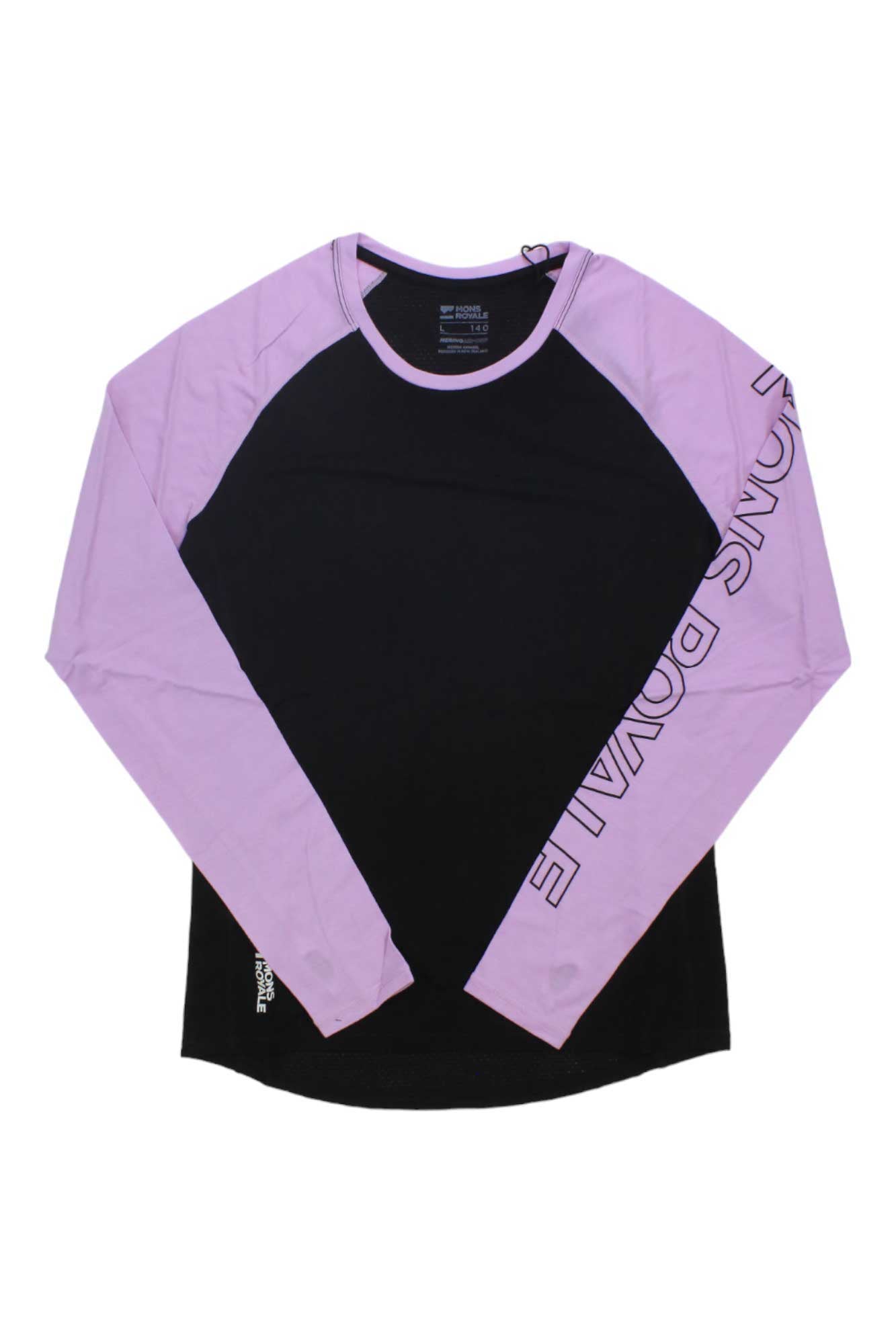 The Mons Royale Womens Bella Tech LS Top is a long sleeve fitness top featuring a black body, light purple sleeves, "SONS" in large purple letters on the left sleeve, and a small logo tag on the right lower seam.