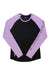 The Mons Royale Womens Bella Tech LS Top is a long sleeve fitness top featuring a black body, light purple sleeves, "SONS" in large purple letters on the left sleeve, and a small logo tag on the right lower seam.