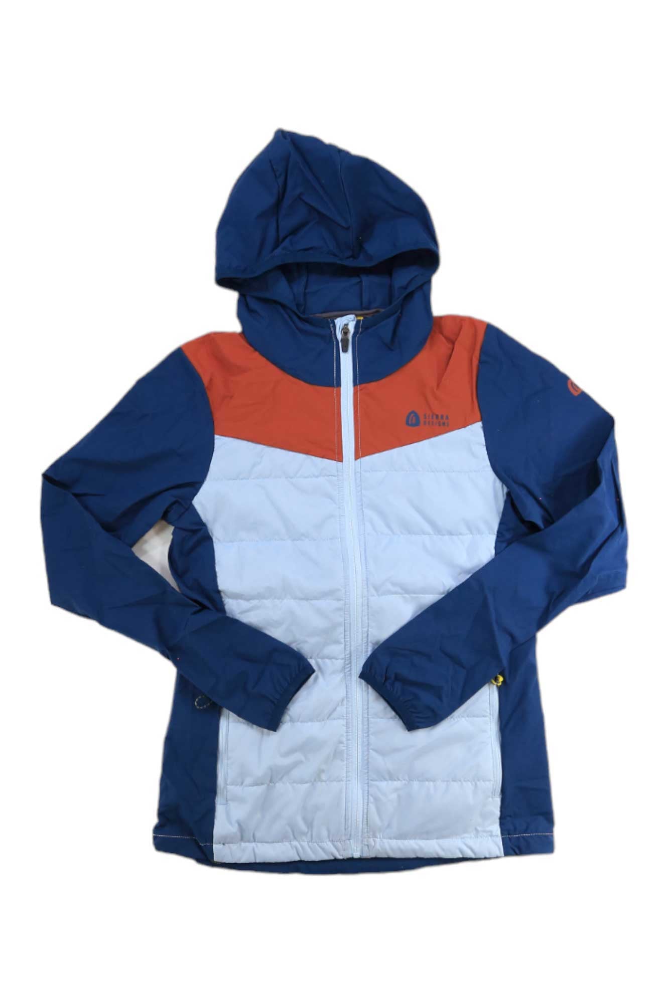 The Sierra Designs Women's Borrego Hybrid Jacket features a front zipper, is made from recycled materials, and has dark blue sleeves and hood, a white body, and an orange yoke on the chest and shoulders.