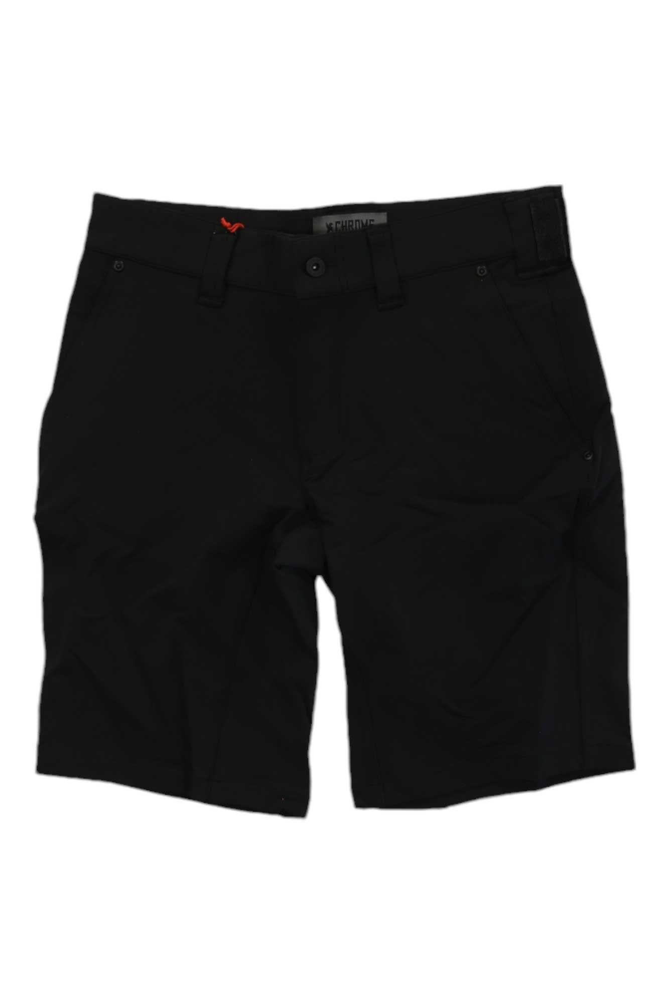 The Chrome Industries Mens Folsom Short 2.0 is a pair of black, knee-length, water-resistant shorts with belt loops, front pockets, and a button closure, shown laid flat on a white background.
