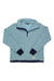 The Outdoor Research Women's Trail Mix Quarter Zip Pullover features light blue fabric, a half-zip collar, dark blue cuffs and hem, subtle grid texture, white logo patch by the hem, moisture wicking fabric, and UPF 30 protection.