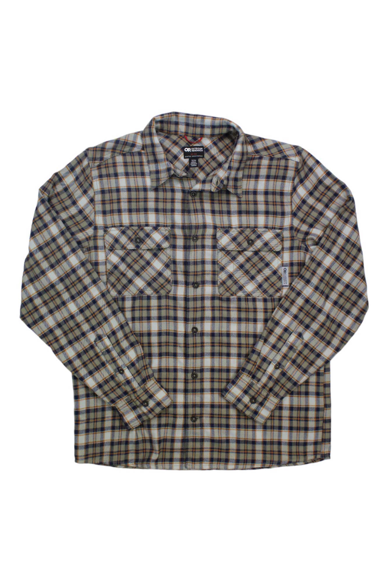 The Outdoor Research Men's Feedback Flannel Twill Shirt features long sleeves, a brown-beige-blue-navy plaid pattern, two button-flap chest pockets, moisture-wicking fabric, and UPF 50+ for outdoor style and comfort.