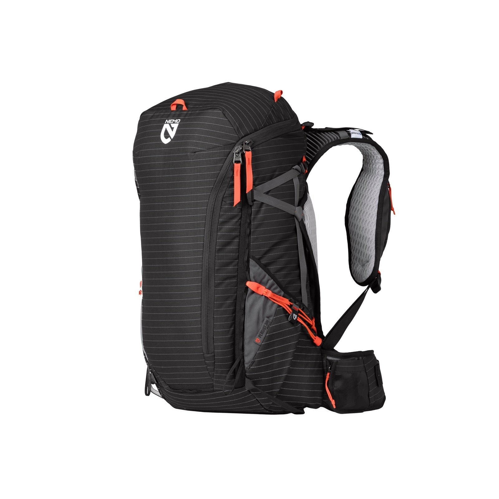 The Nemo Mens Persist 30L Pack is a black backpack with subtle horizontal stripes, red zipper pulls, a large main compartment, side pockets, padded shoulder straps, and a hip belt pouch, shown against a white background.