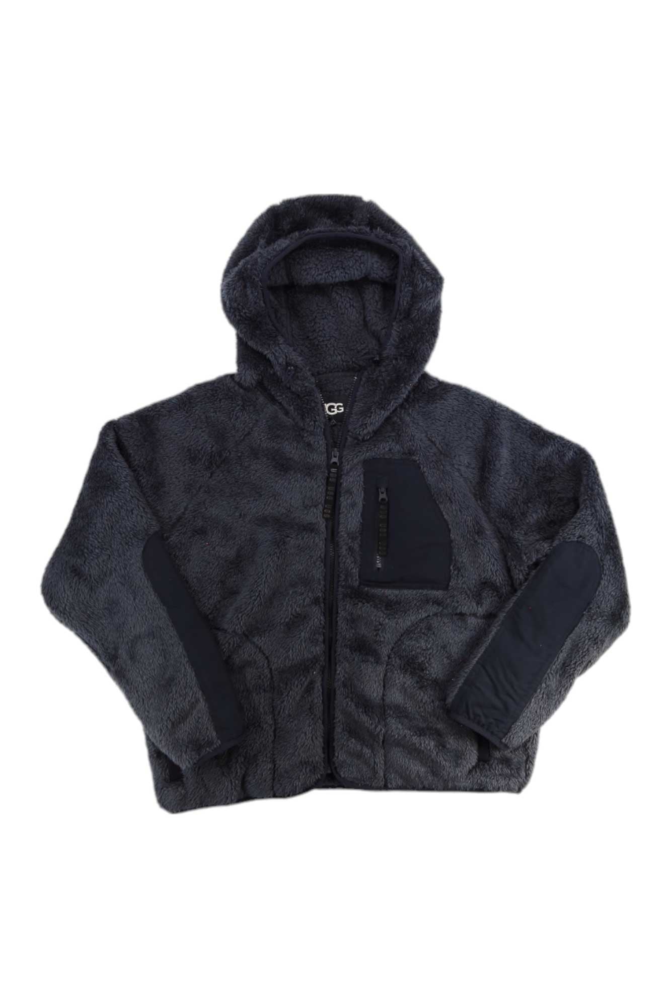 The UGG Womens Ruthie Fluff Zip Hoodie is a dark gray, fuzzy faux shearling zip hoodie featuring a front zipper, zippered chest pocket, and reinforced fabric on one sleeve and the chest.