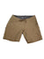 Womens Yuma Shorts in tan, crafted from durable stretch fabric with a front drawstring waistband, side pockets, and a right leg zip pocket—ideal for hiking and shown against a white background.
