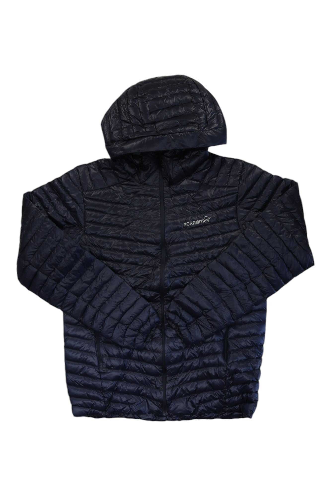 A black Norrona Men's Trollveggen Superlight Down850 Hoodie with a hood and front zipper, laid flat on a white background. Features 850-fill goose down insulation and the Norrona logo on the chest.