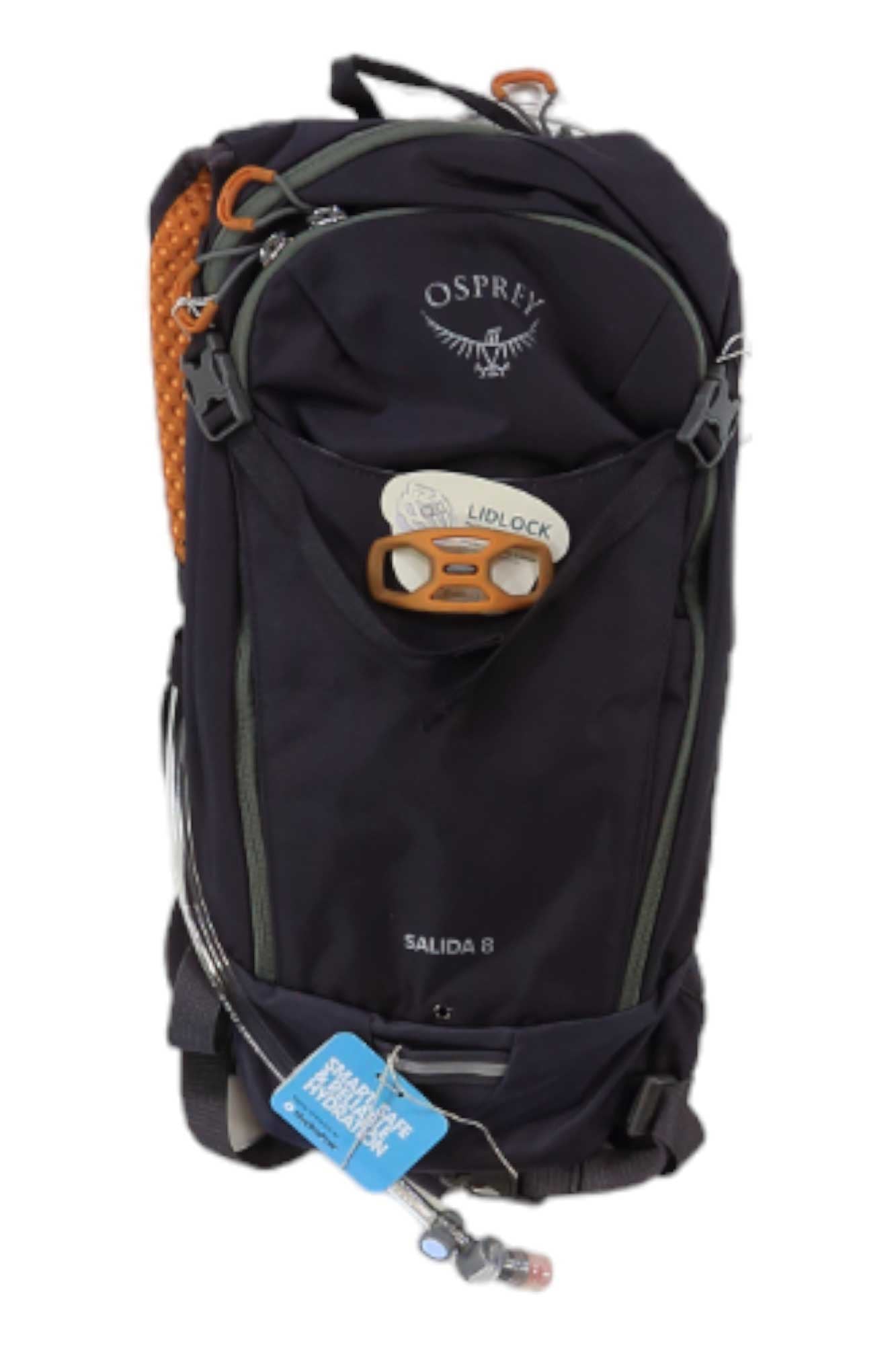 An Osprey Womens Salida 8 Bike Hydration Pack in black with gray zippers, orange helmet attachment, and blue gear tag at the bottom—trusted brand, ready to ship in the US, shown on a white background.
