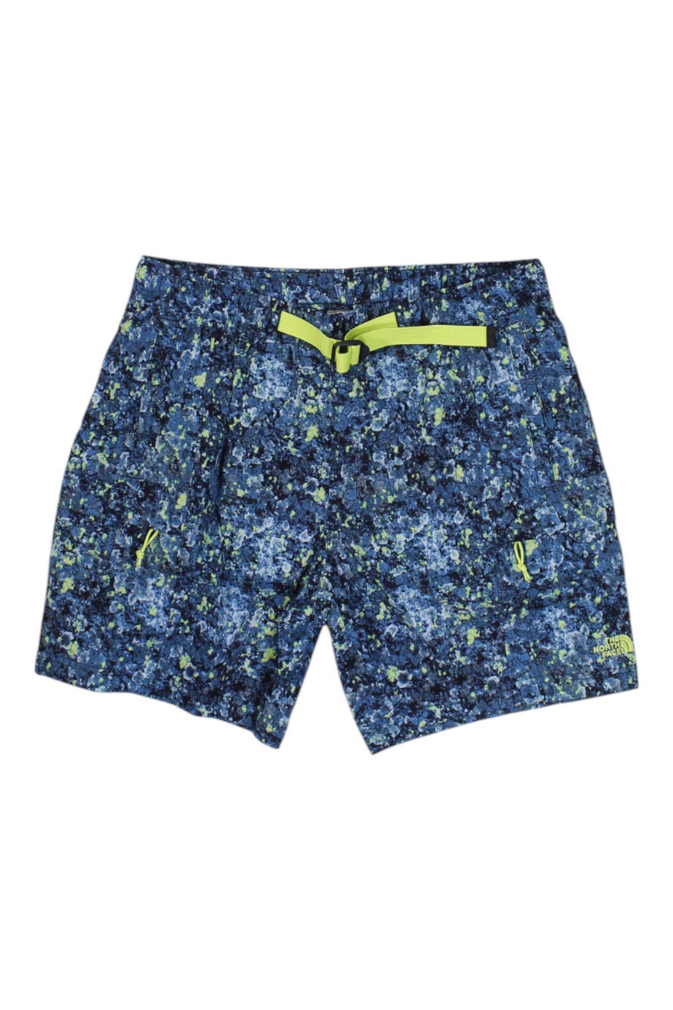 The North Face Mens Printed Class V Belted Short in blue and green features recycled nylon, moisture-wicking fabric, a neon yellow belt, and two front zippered pockets, shown on a white background.
