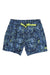 The North Face Mens Printed Class V Belted Short in blue and green features recycled nylon, moisture-wicking fabric, a neon yellow belt, and two front zippered pockets, shown on a white background.