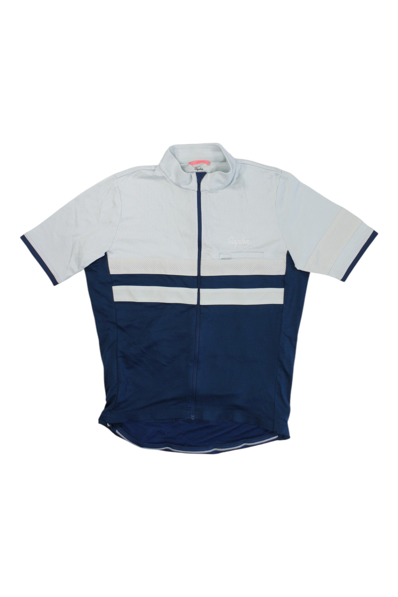 The Rapha Brevet Jersey II is a short-sleeved merino cycling jersey with a front zipper, light blue upper and dark blue lower halves, divided by two white chest stripes—designed for comfort on long-distance rides.