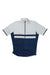 The Rapha Brevet Jersey II is a short-sleeved merino cycling jersey with a front zipper, light blue upper and dark blue lower halves, divided by two white chest stripes—designed for comfort on long-distance rides.
