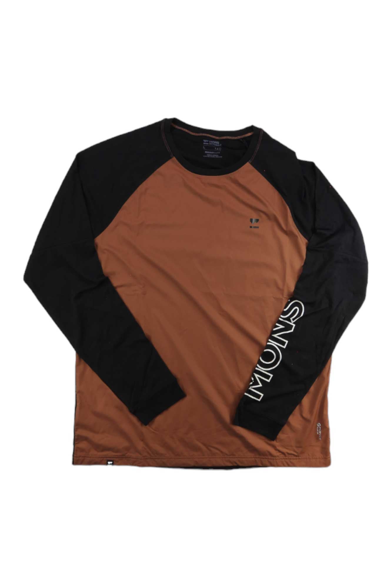 The Mons Royale Mens Tarn Merino Shift Wind Jersey features black long sleeves, a brown merino wool body, MONS text on the left sleeve, and a small chest logo—ideal for biking adventures.