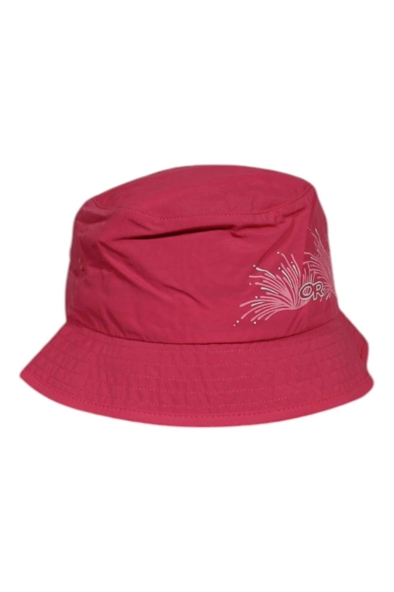 The Outdoor Research Kids Solstice Sun Bucket Hat is a bright pink, packable outdoor hat with a subtle white pattern, stitched brim detailing, and UPF 30 sun protection—perfect for kids' sunny adventures.