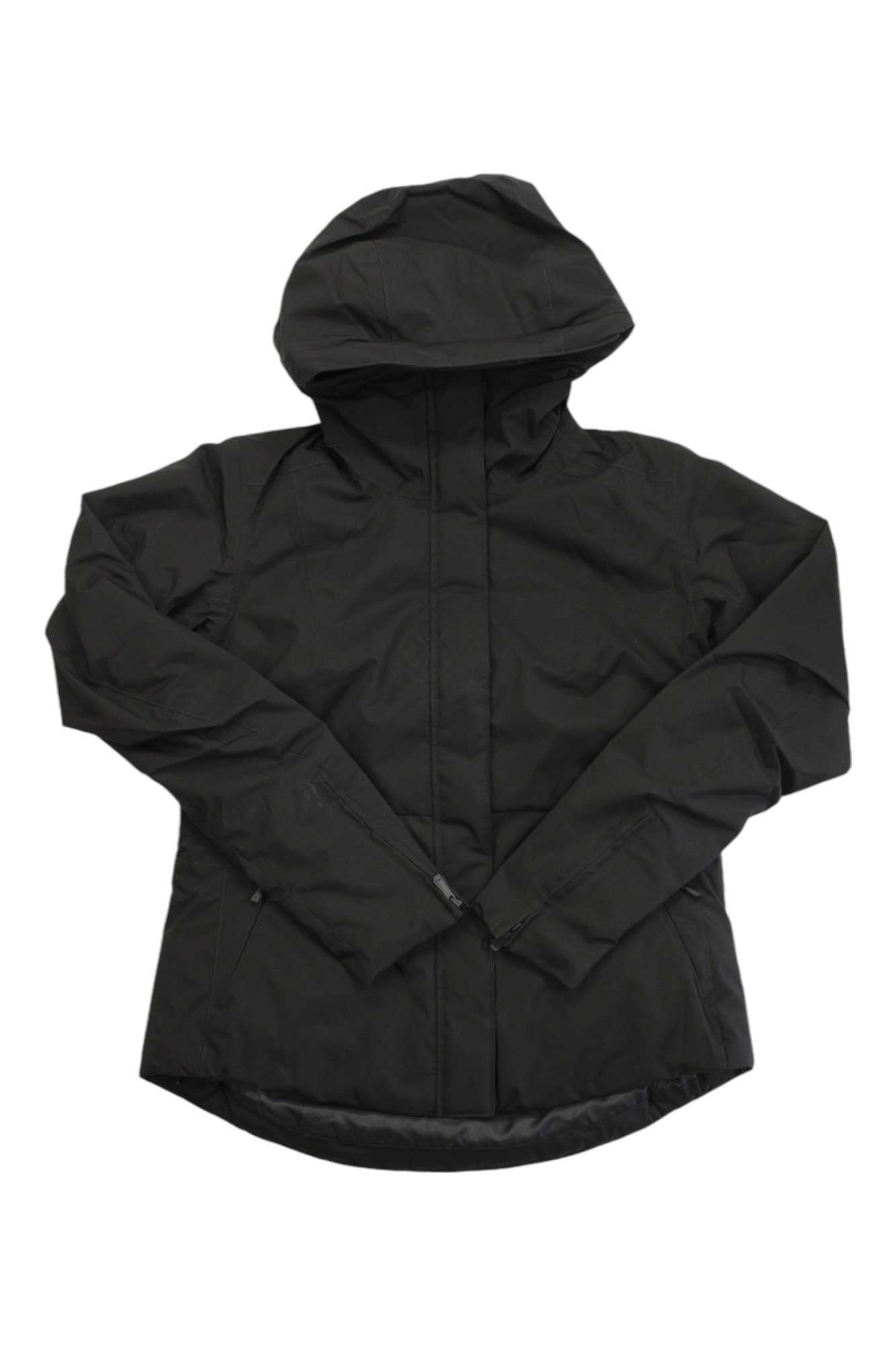 The Helly Hansen Womens Nora Insulated Jacket in black, featuring long sleeves, front zipper closure, side pockets, and PrimaLoft Black Eco insulation, is laid flat on a white background.