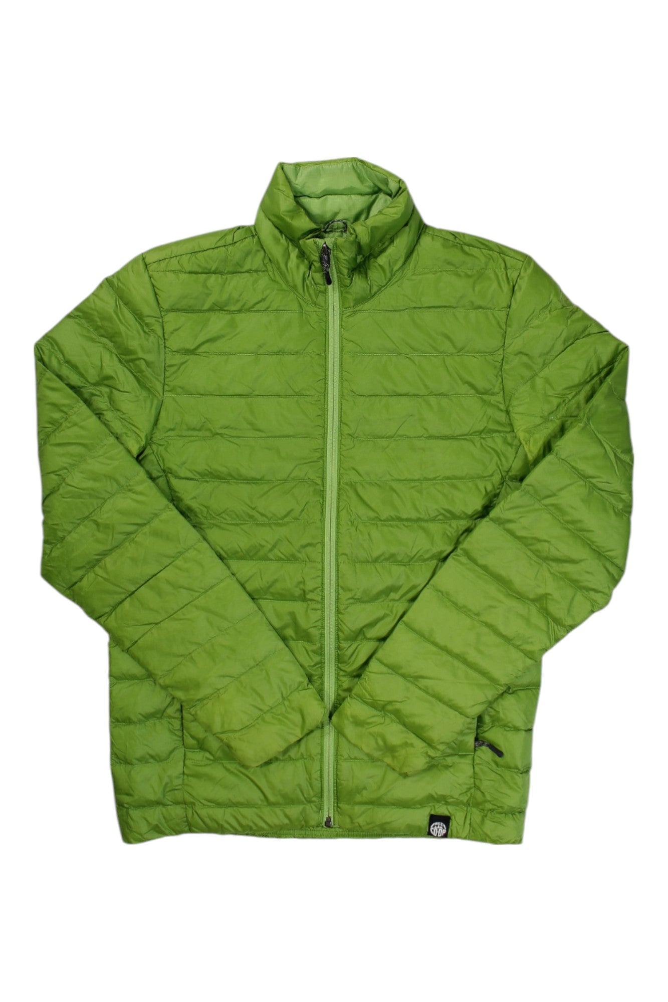 The REI Mens 650 Down Jacket, shown in bright green with a stand-up collar and front zipper, is a lightweight, quilted insulated jacket displayed flat on a white background—ideal for outdoor adventures.
