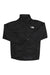 The North Face Womens NSE Graphic Wind Jacket in black features a front zipper, high collar, long sleeves, and a white logo on the left chest. Lightweight and wind-resistant, it's ideal for outdoor activities.