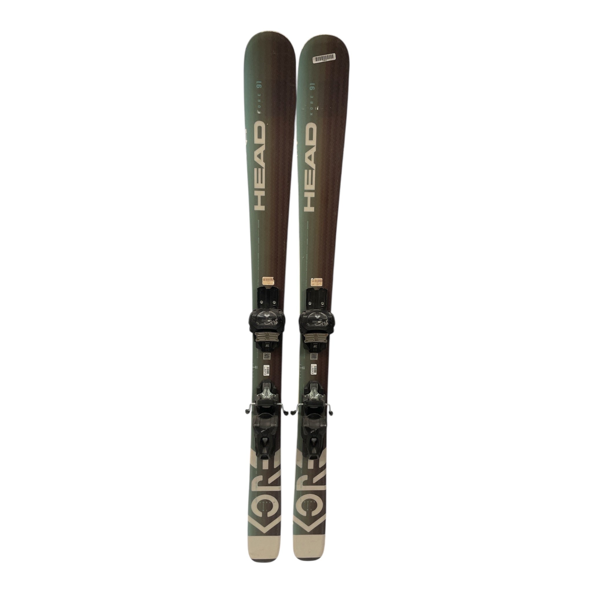 The Head Kore 91 Skis with Tyrolia Attack 11 Demo Bindings feature a brown-to-green gradient and bold HEAD logos—ideal for adventurous riders seeking versatile backcountry performance.