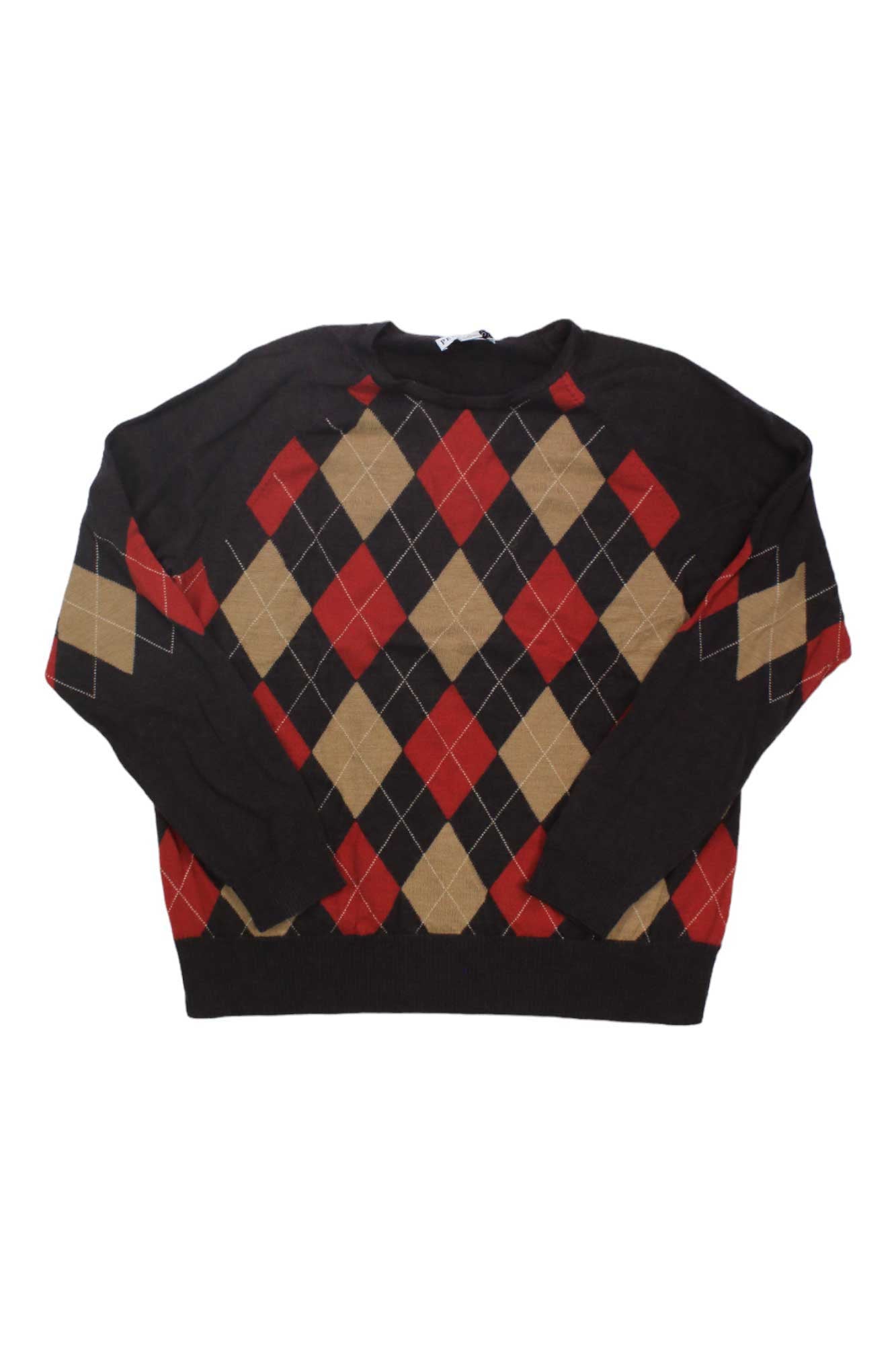 The Womens Pendleton Merino Wool Pullover Sweater is black with a red, beige, and tan argyle pattern on the front and sleeves, shown laid flat against a white background.