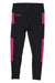 The Craft Sportswear Women's ADV Essence 2 Tight features black moisture-wicking fabric, a wide waistband, magenta thigh and calf panels, and a white CRAFT logo on the left hip. The leggings are shown flat against a white background.