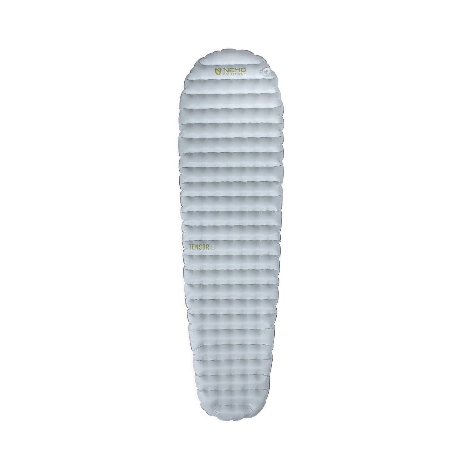 A gray Nemo Tensor Elite Mummy Sleeping Pad Regular, inflatable and ultralight with rounded edges and horizontal air chambers, is shown fully inflated against a white background with the brand name NEMO and model Tensor printed on it.