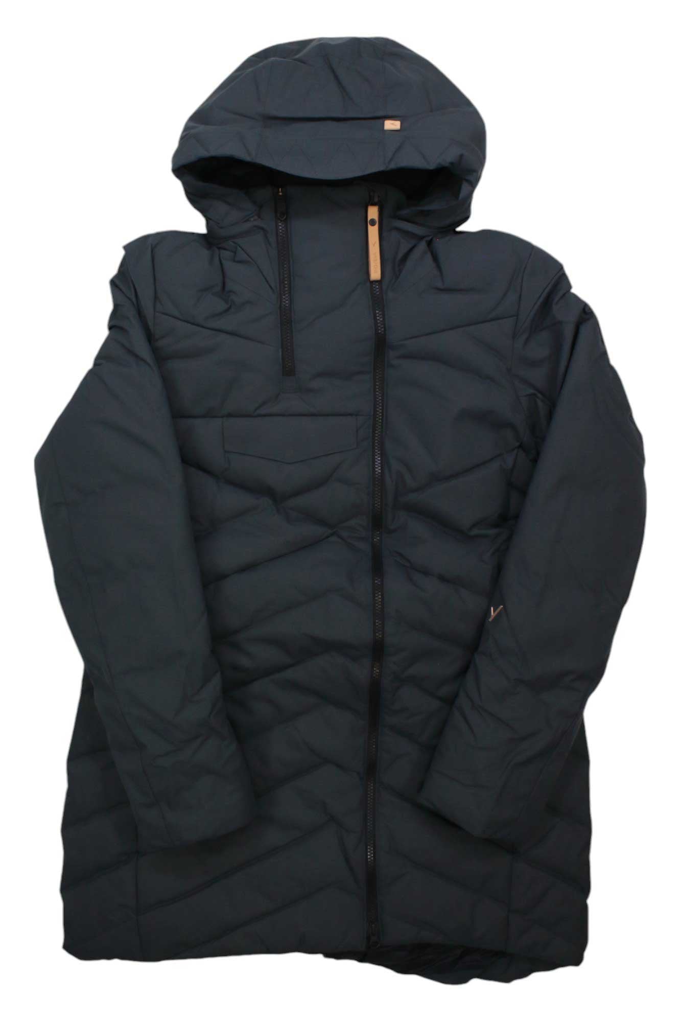 The Indyeva Womens Ayaba II Jacket is a long, black, hooded jacket with a front zipper and angled stitching, shown water-resistant and laid flat on a white background.