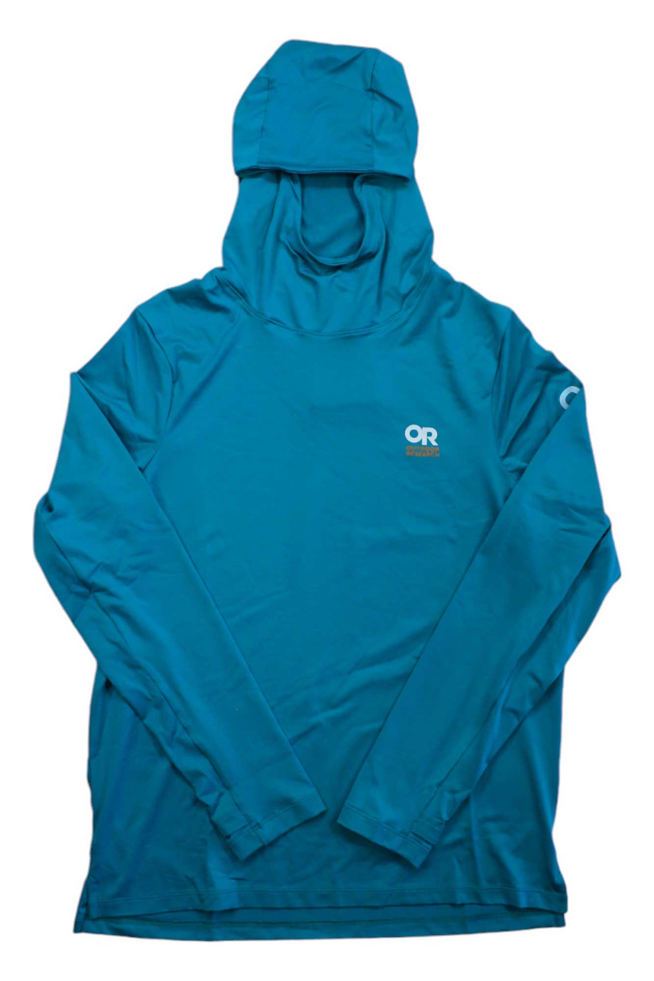 Blue hooded sun hoodie pullover with OR logo on chest and small sleeve logo