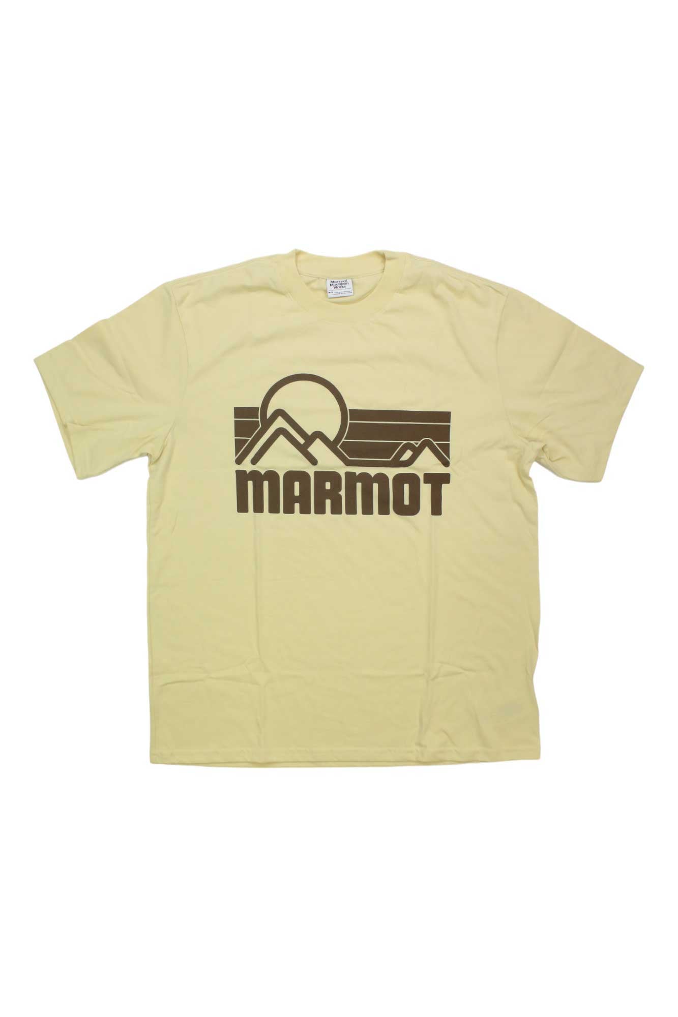 Men's short-sleeve T-shirt, pale yellow, black outdoor mountain logo