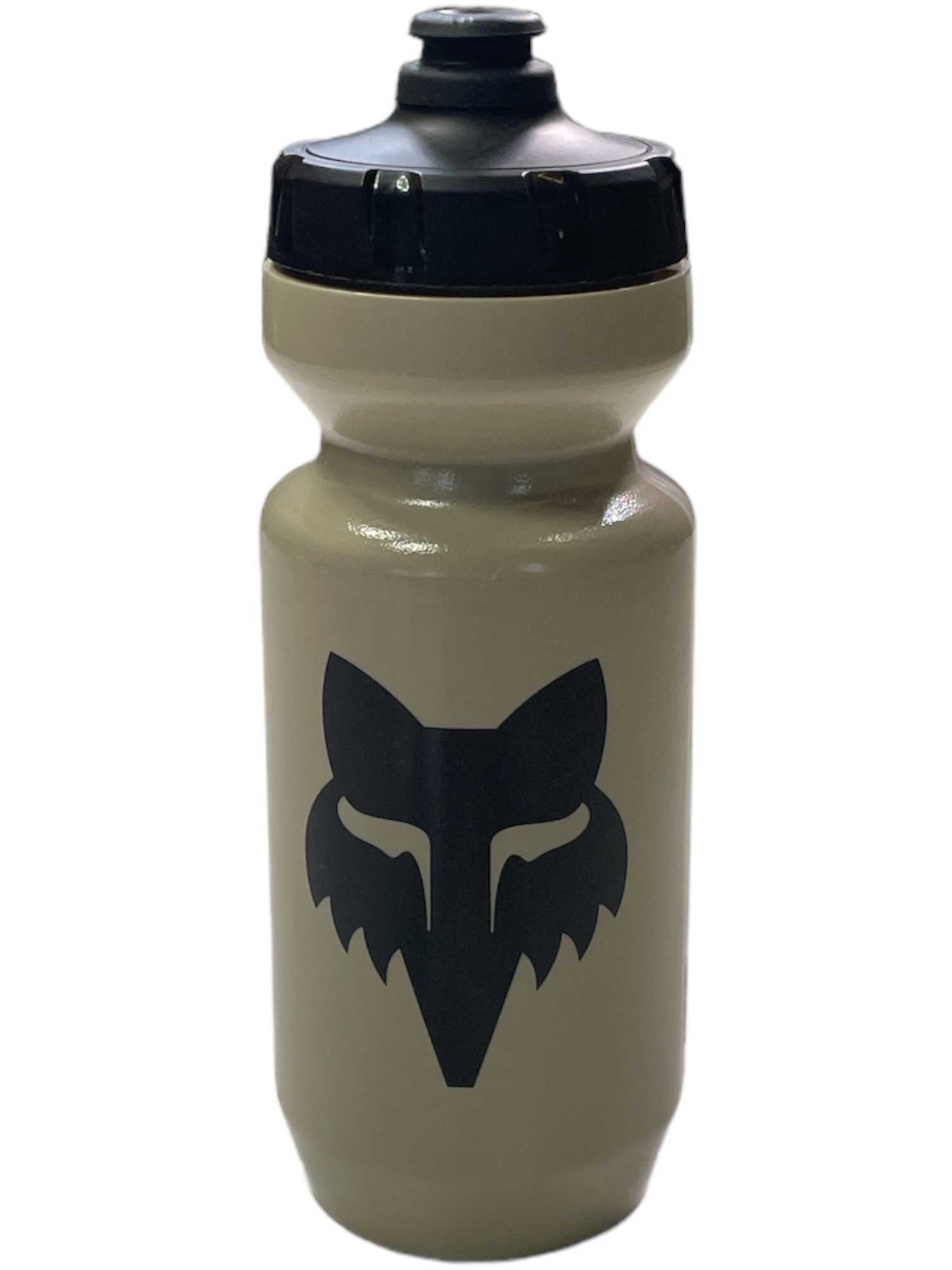 The Fox Purist 26 Oz Bottle is a beige, BPA-free water bottle with a black screw-top lid and a stylized black fox head logo on the front.