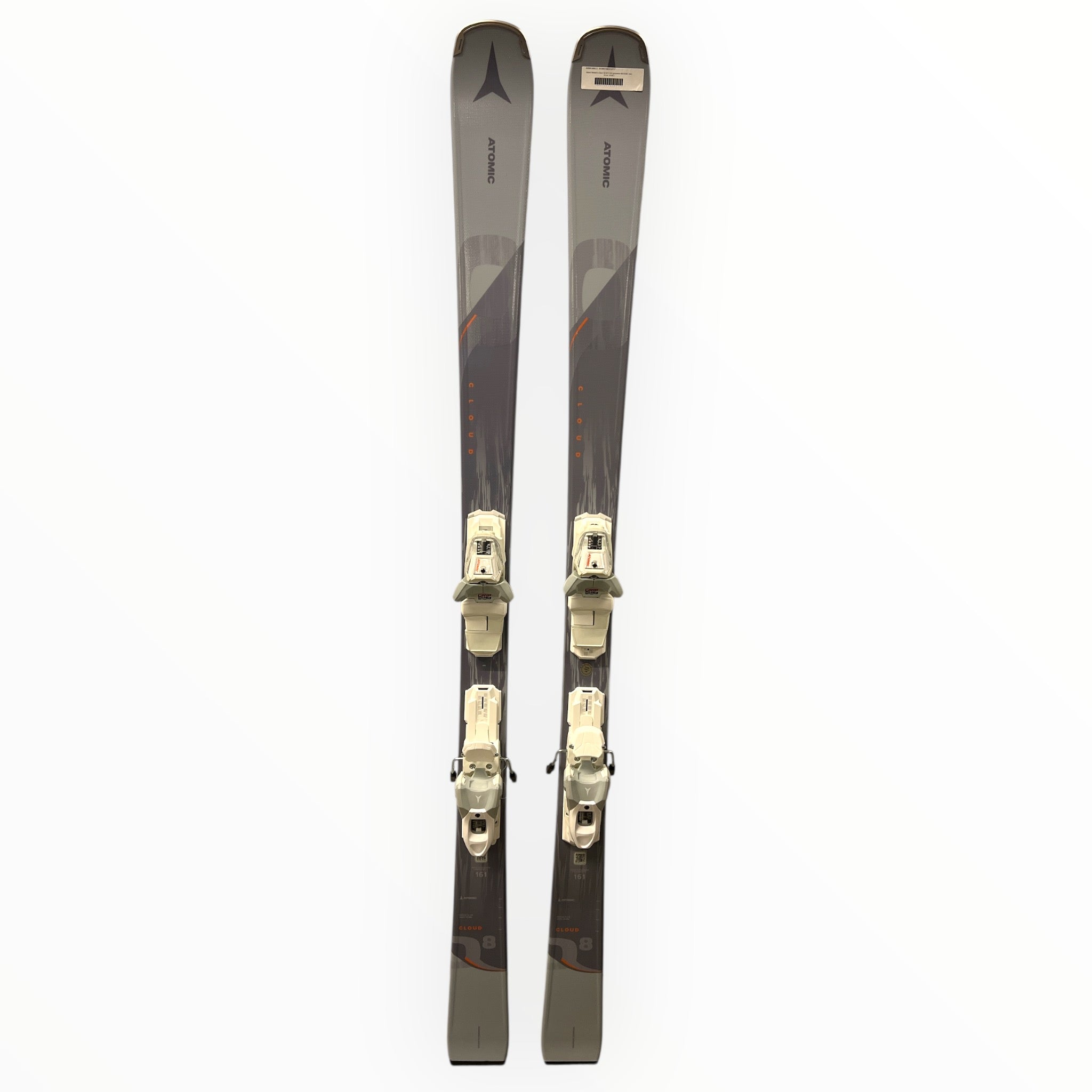 A pair of Atomic Women's Cloud Q8 all mountain skis with M10 GW Bindings, in black and gray, are positioned side by side on a white background.