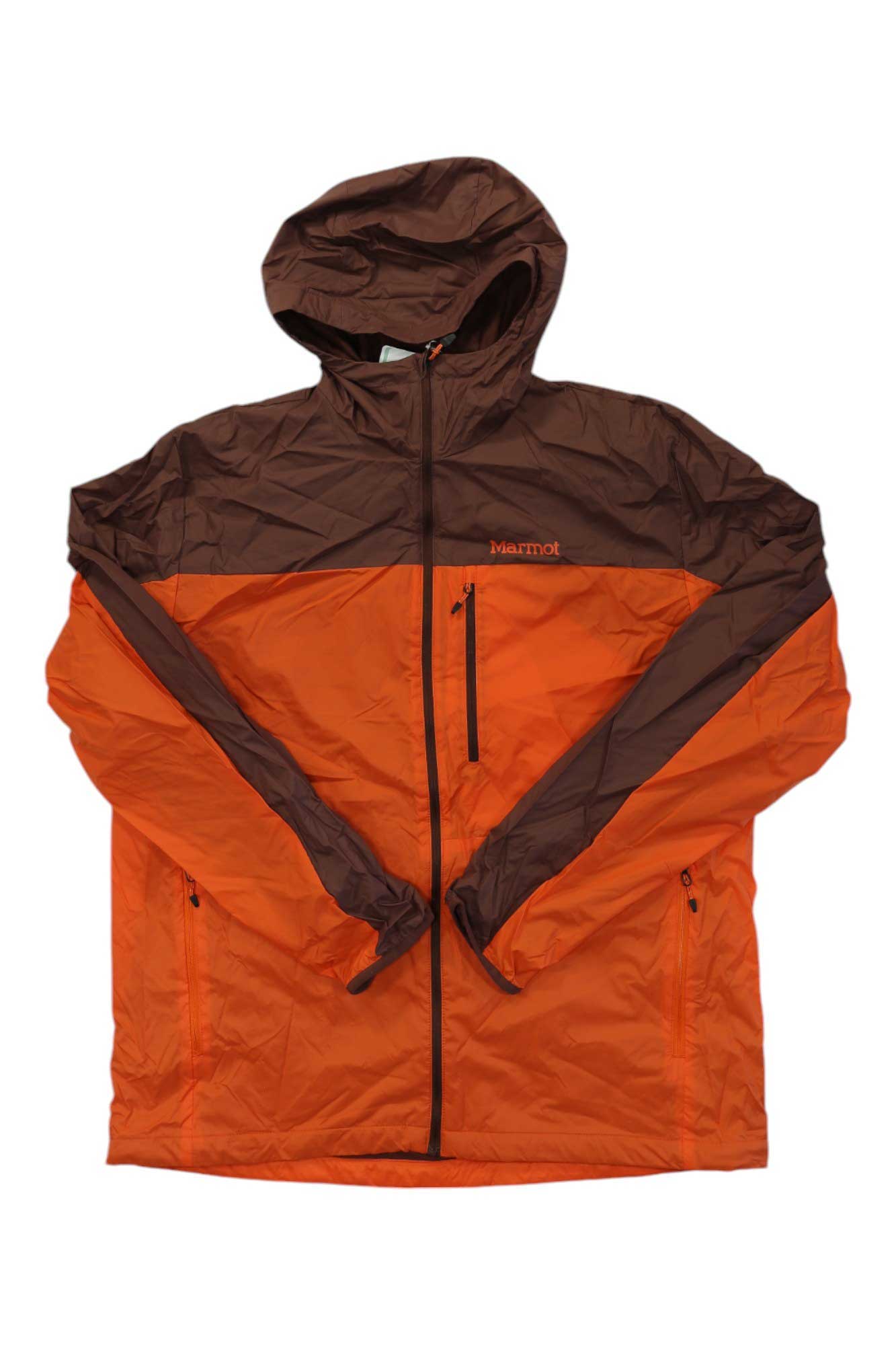 Men's brown and orange zip-up performance hoody with attached hood