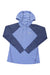Simms women's hooded performance hoody, light blue and navy V-panel color-block, drawstrings