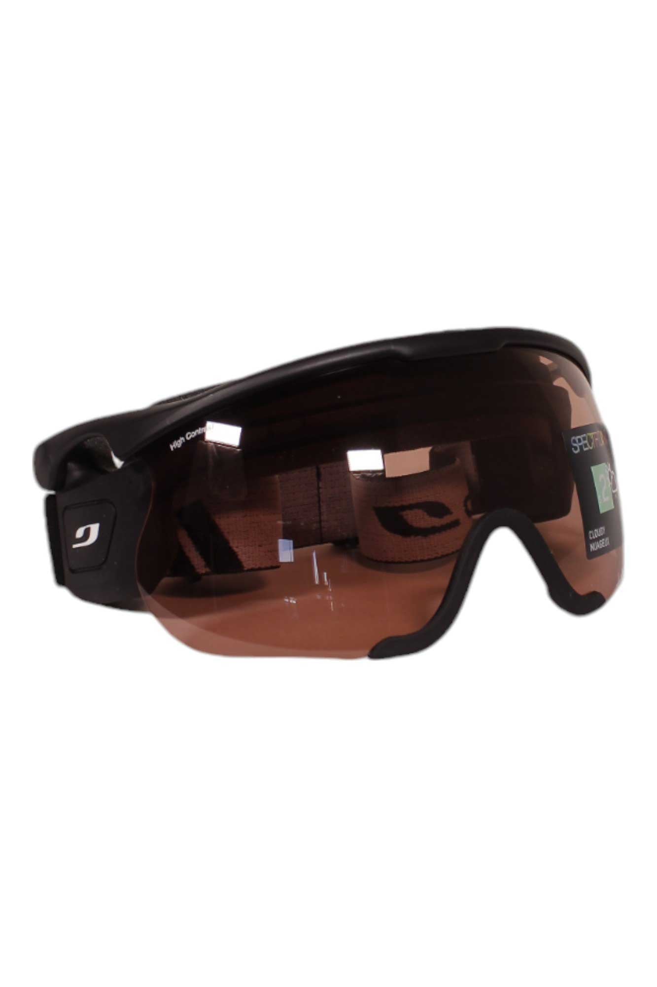 The Julbo Sniper EVO L Goggles feature a wraparound black frame with a logo on the temple and dark, reddish-brown photochromic lenses that adapt to changing light, with visible reflective glare on their surface.