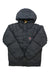 Dark gray hooded puffer jacket with button front and yellow drawcord, shield logo.