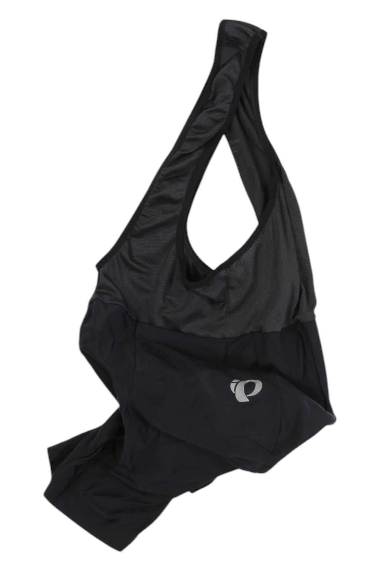 Men's black cycling bib shorts with front bib straps and Pearl Izumi logo
