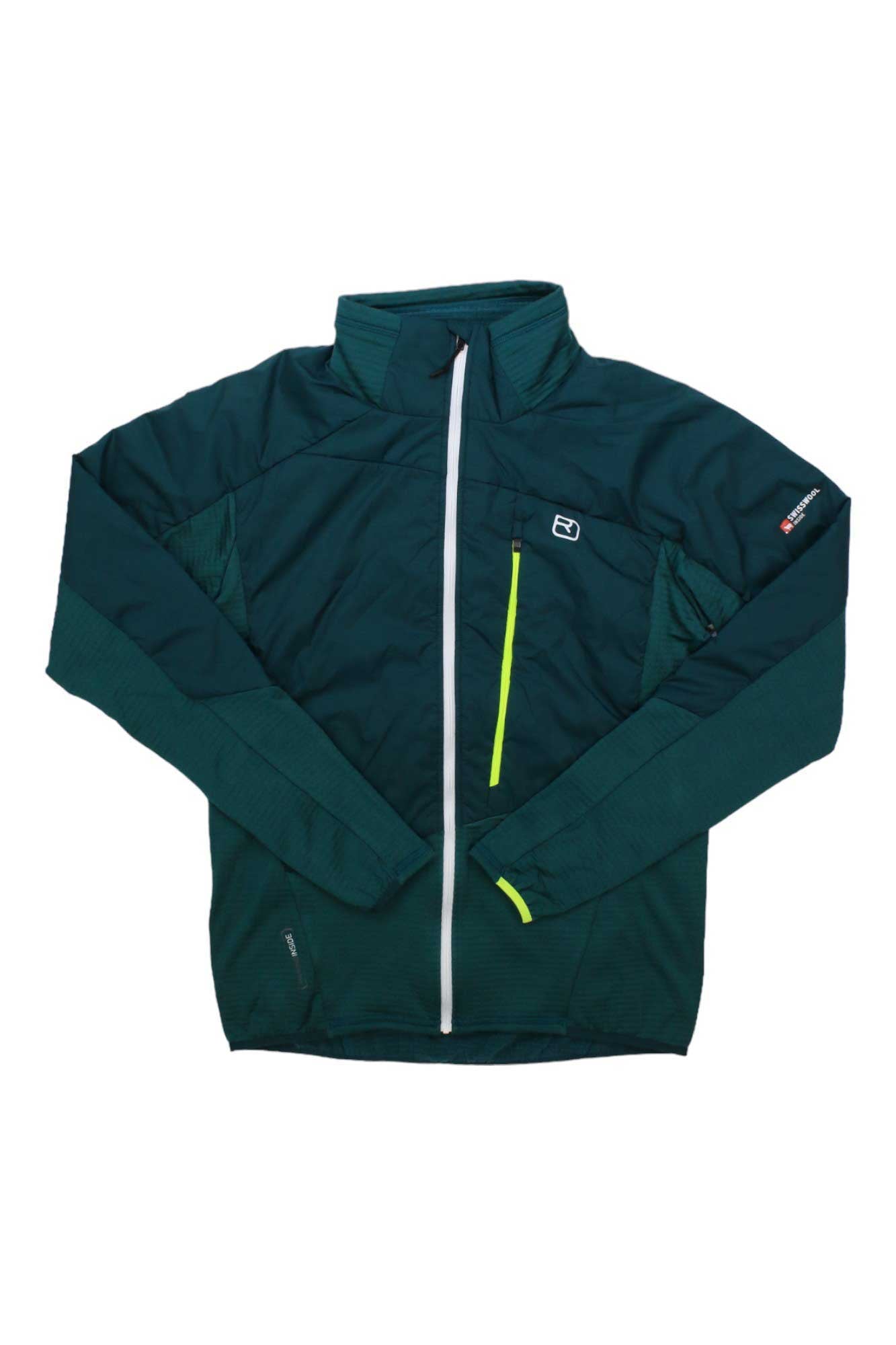 Men's hybrid jacket, stand-collar full-zip, dark teal with neon green zipper trim