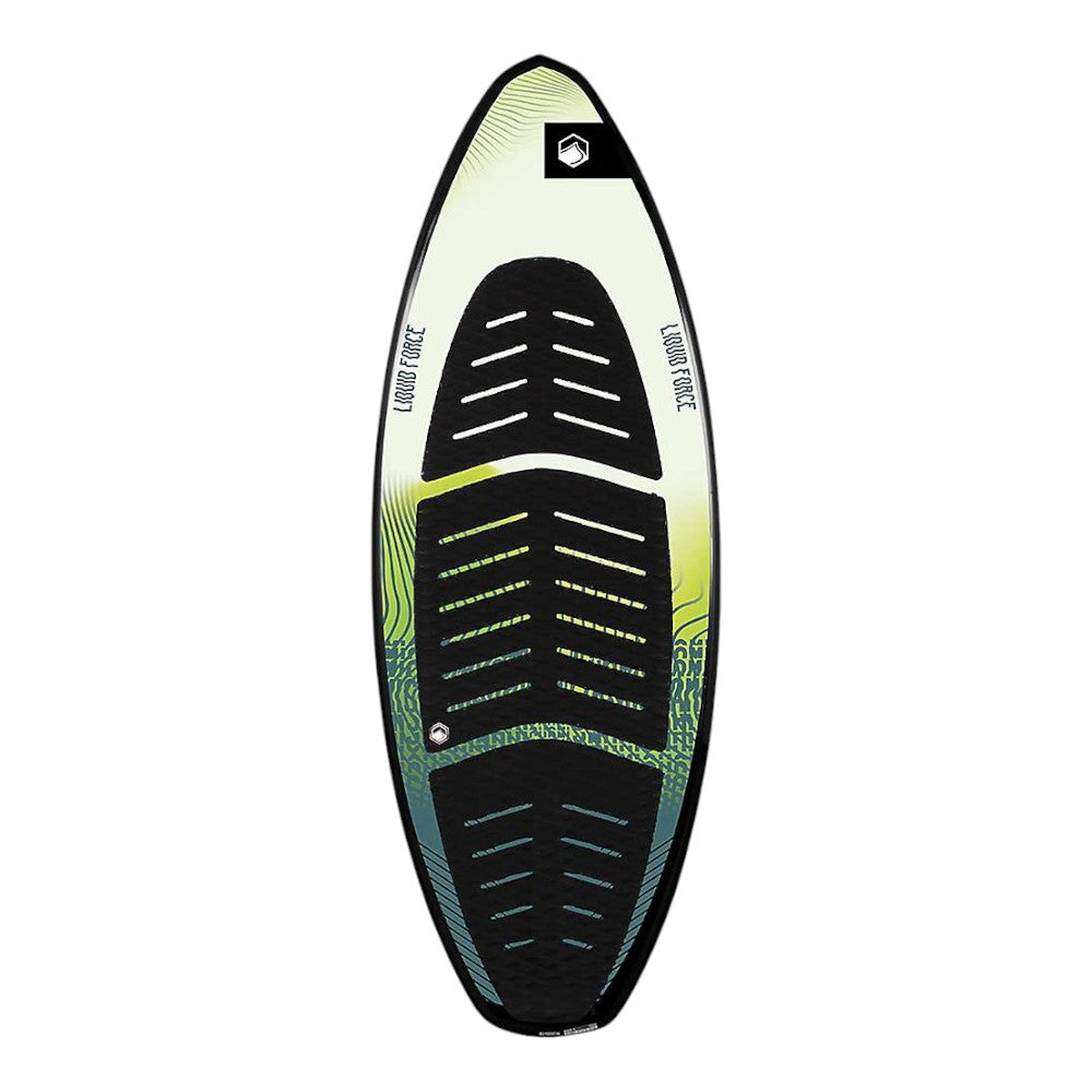 The Liquid Force Swami Wakesurf Board showcases a white and green gradient with black traction pads, bold branding on both sides, and features a rounded nose plus tapered tail for smooth wakesurfing.