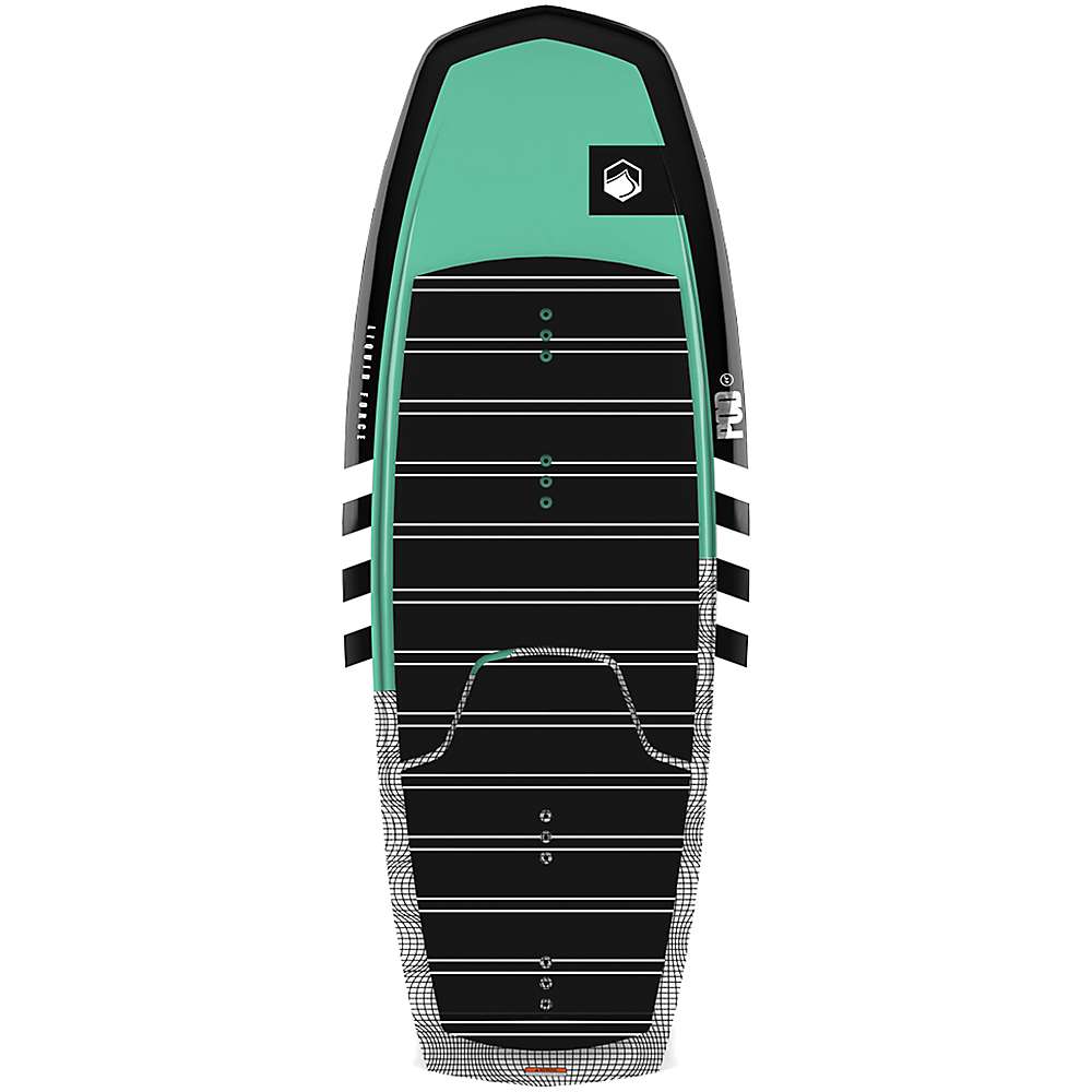 A top-down view of the Liquid Force Pod Foil Board, featuring a green and black design with white accents, horizontal grip lines, a geometric logo, and a wide textured foot area ideal for watersports like wakeboarding.