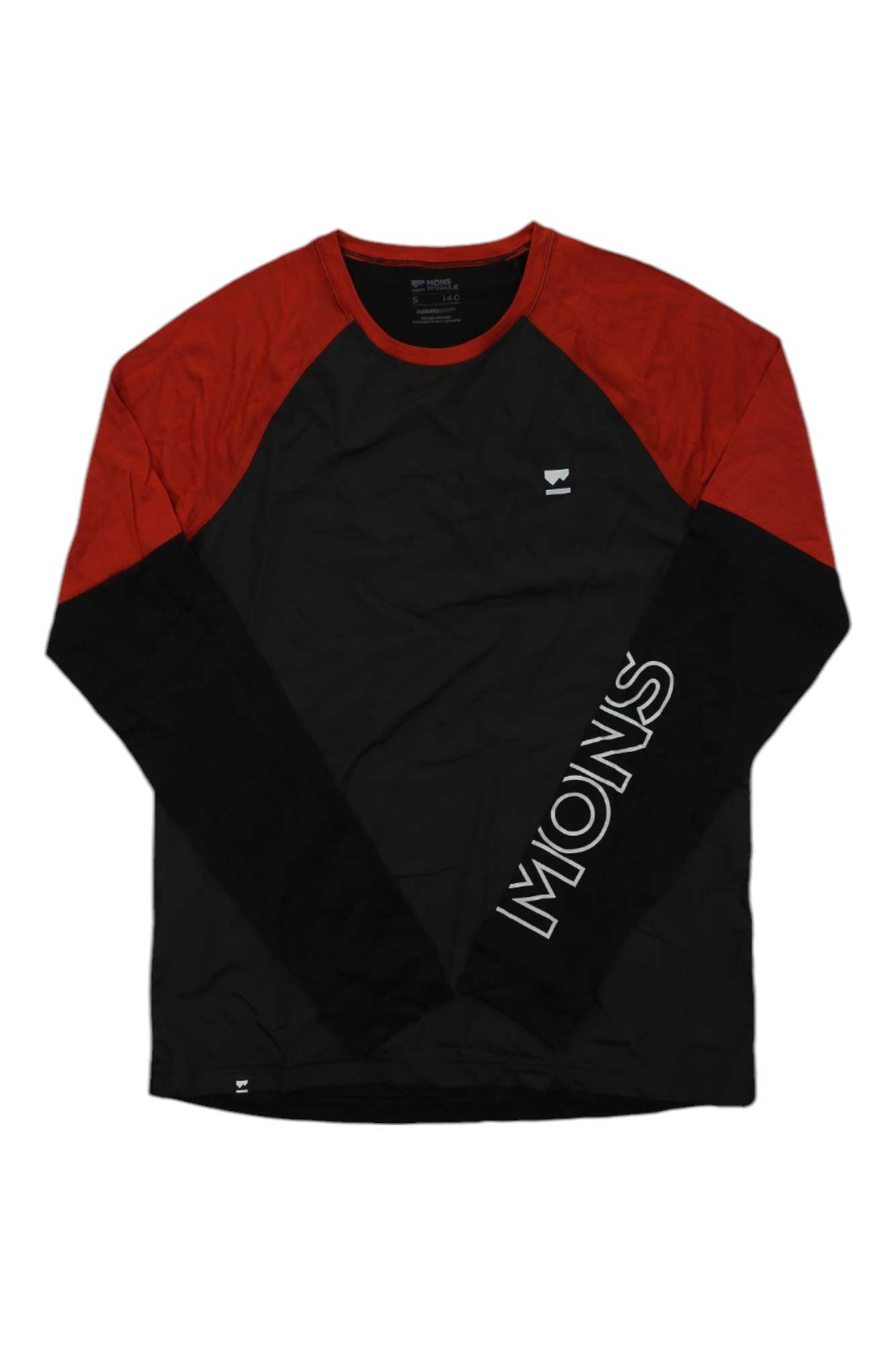 The Mons Royale Mens Tarn Merino Shift Wind Jersey is a merino wool long-sleeve biking shirt with a black body, dark red shoulders and upper sleeves, and "MONS" printed vertically in white on the left sleeve.