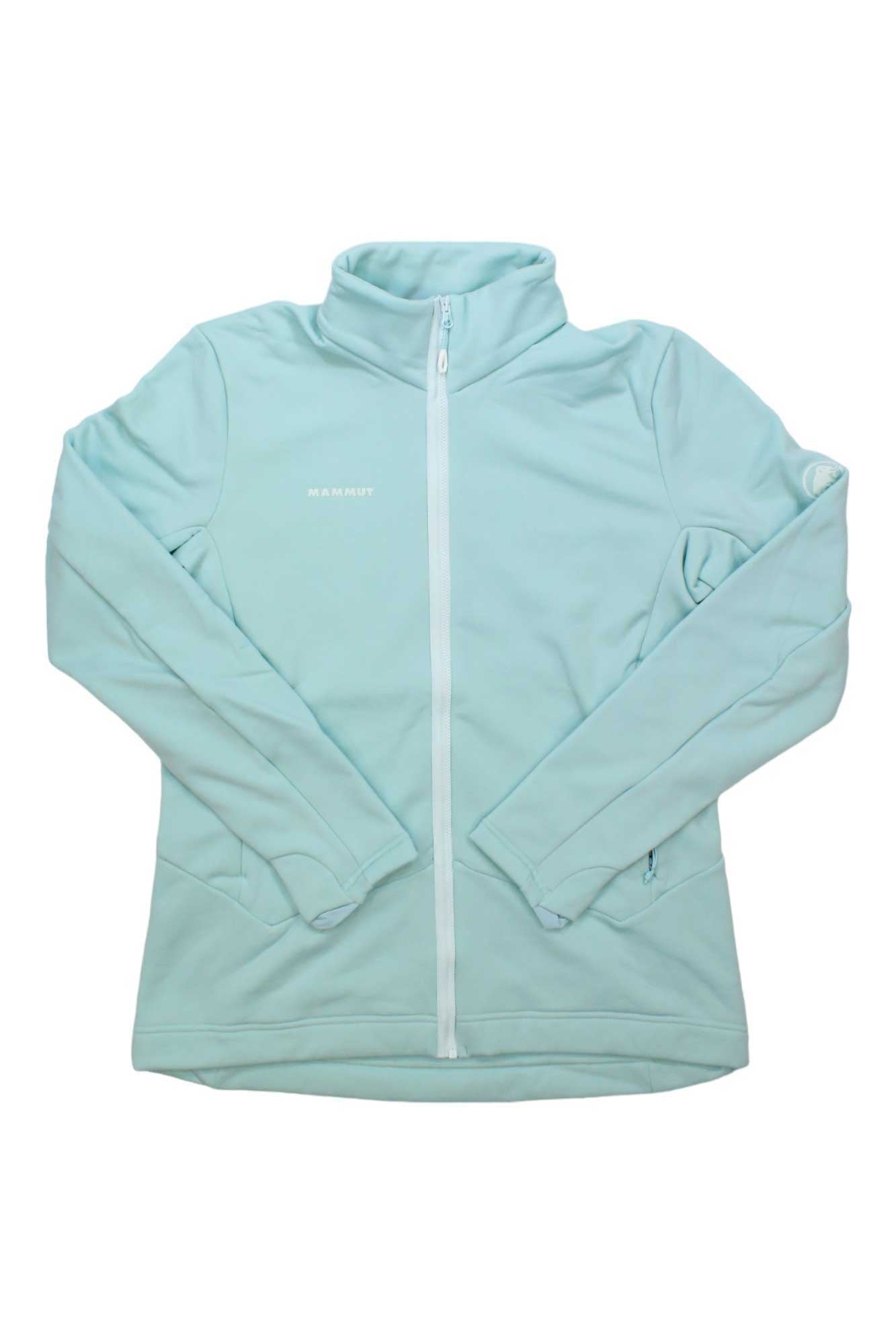 The Mammut Womens Aconcagua ML Jacket features a pale blue color with a white zipper, made from Polartec Power Stretch Pro—ideal for climbing or everyday wear.
