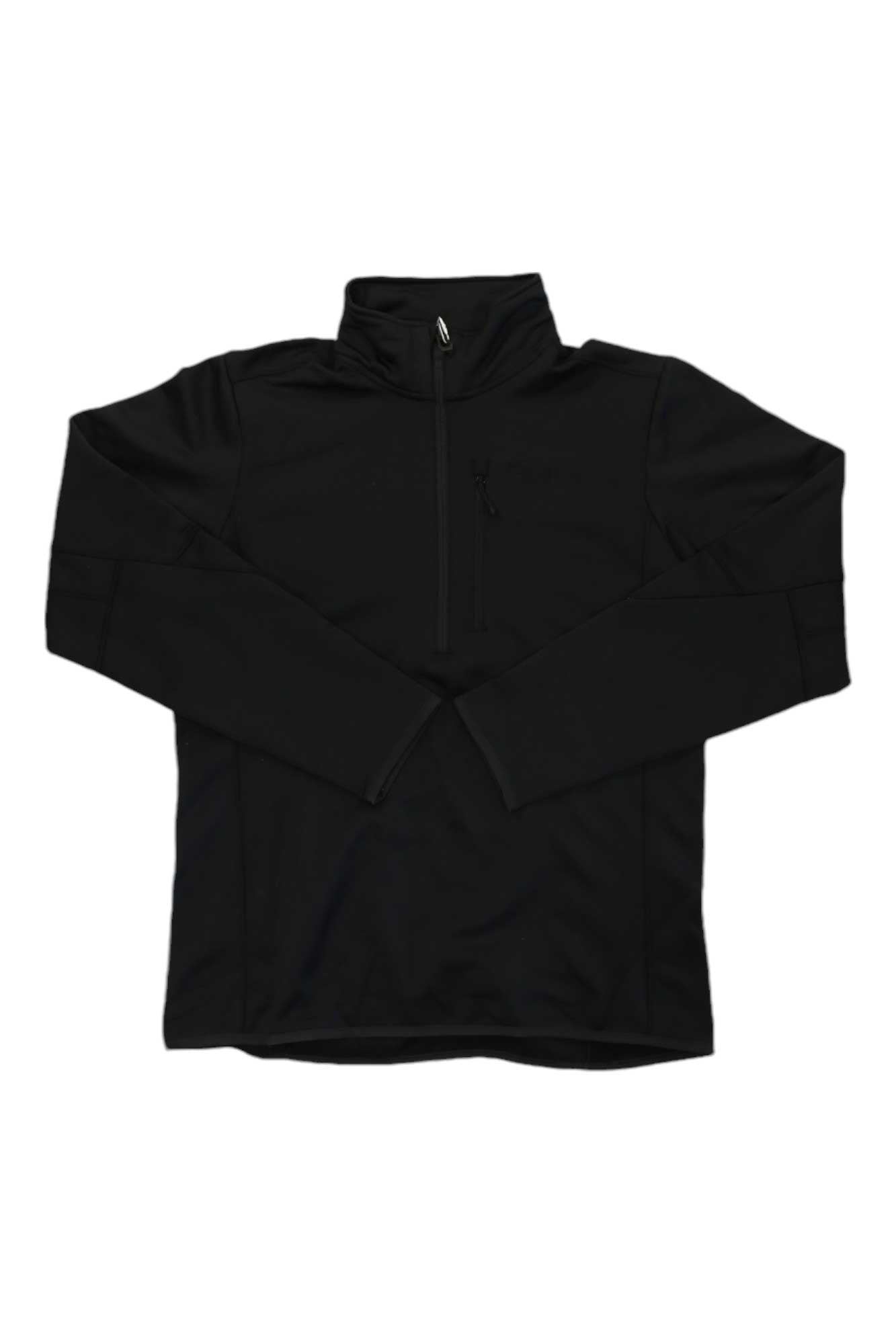 Helly Hansen Men's Alpha Zero 1/2 Zip Fleece Jacket in black, featuring long sleeves, a quarter-zip front, high collar, zippered chest pocket, and recycled content, laid flat against a white background.