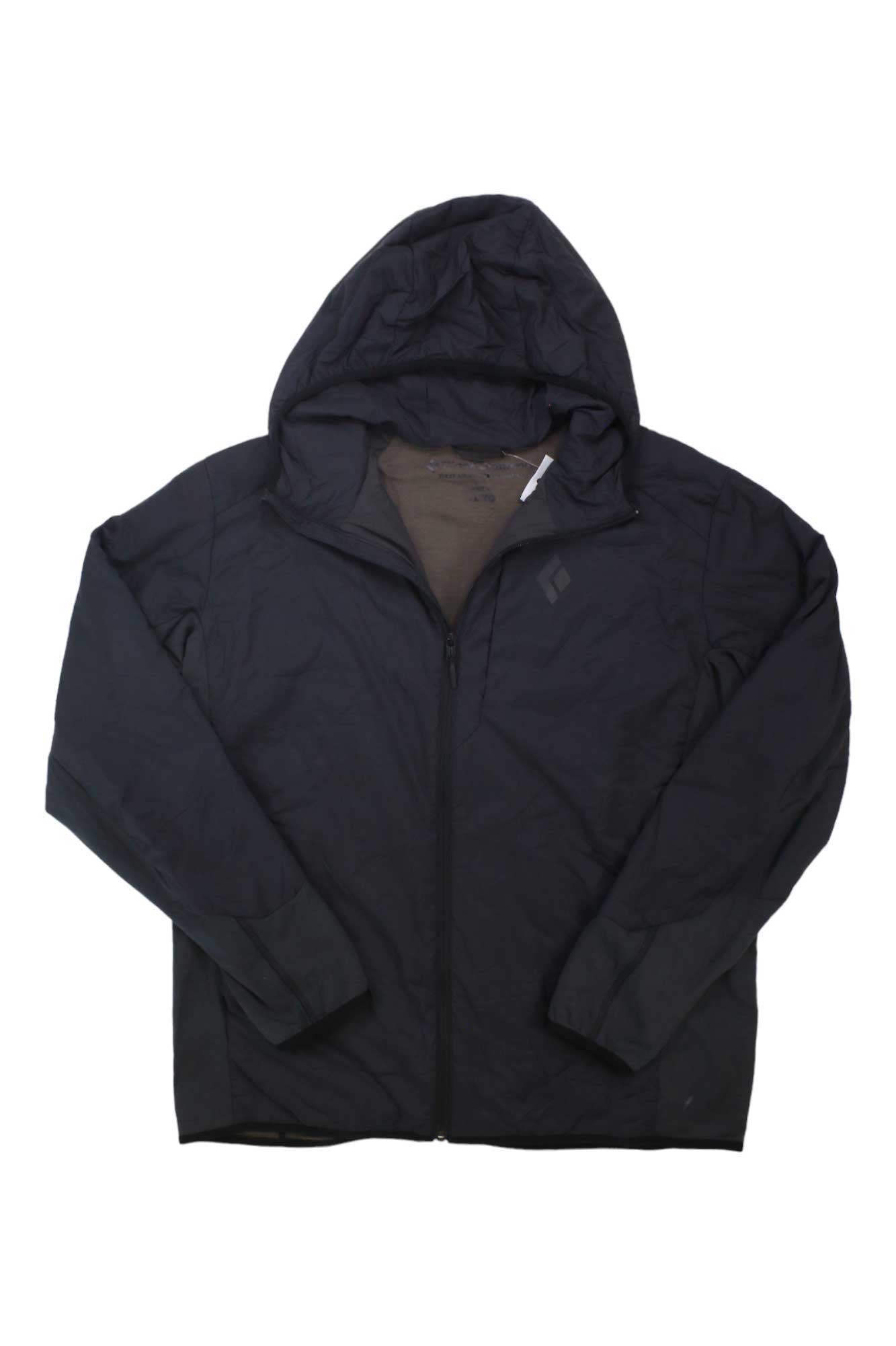 The Black Diamond Mens First Light Hybrid Hoody, in black with a front zipper, long sleeves, subtle left-chest logo, under-the-helmet hood, and PrimaLoft Silver Insulation, is shown laid flat on a white background.
