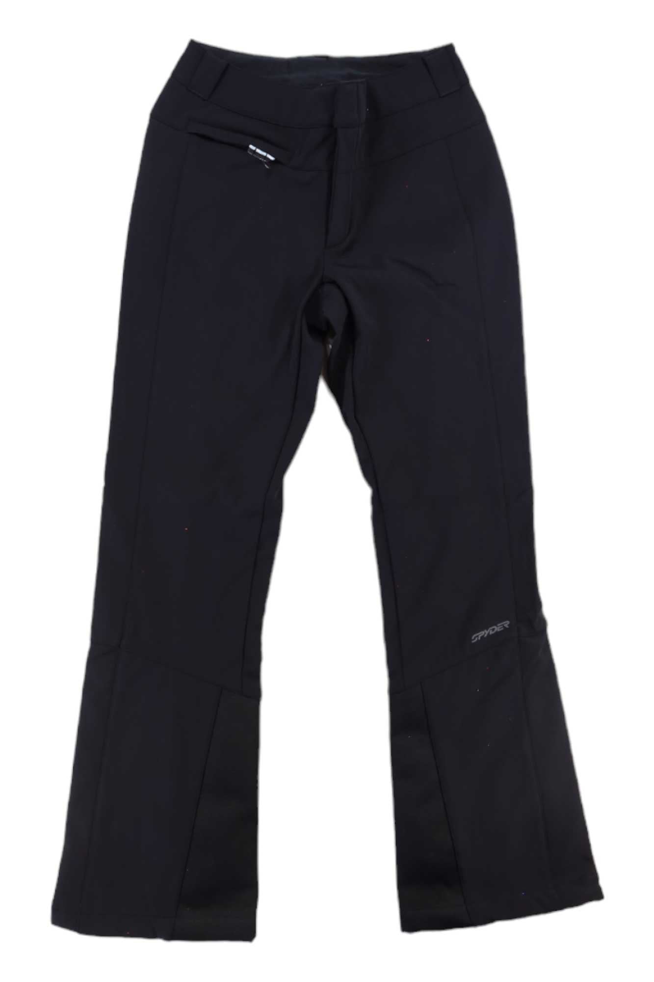 The Spyder Womens Orb Softshell Pant is a black, flared-leg ski pant featuring a zippered right-hip pocket, upper left thigh logo, and thick waterproof fabric—ideal for women’s snowsports and winter adventures.
