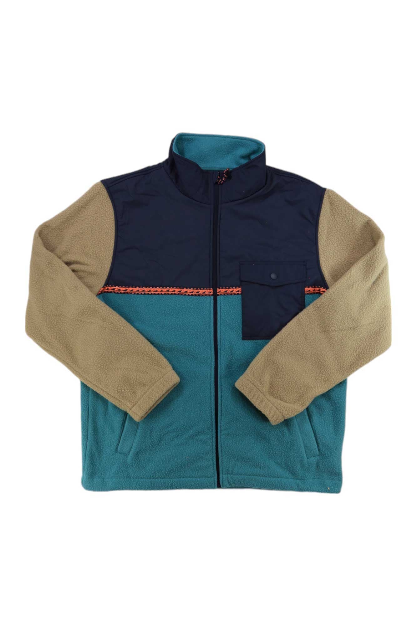 The Billabong Mens Boundary Trail Zip Top is a water-resistant pullover with double polar fleece, tan sleeves, teal body, navy upper chest, orange patterned trim, standing collar, front zipper, and a navy snap chest pocket.