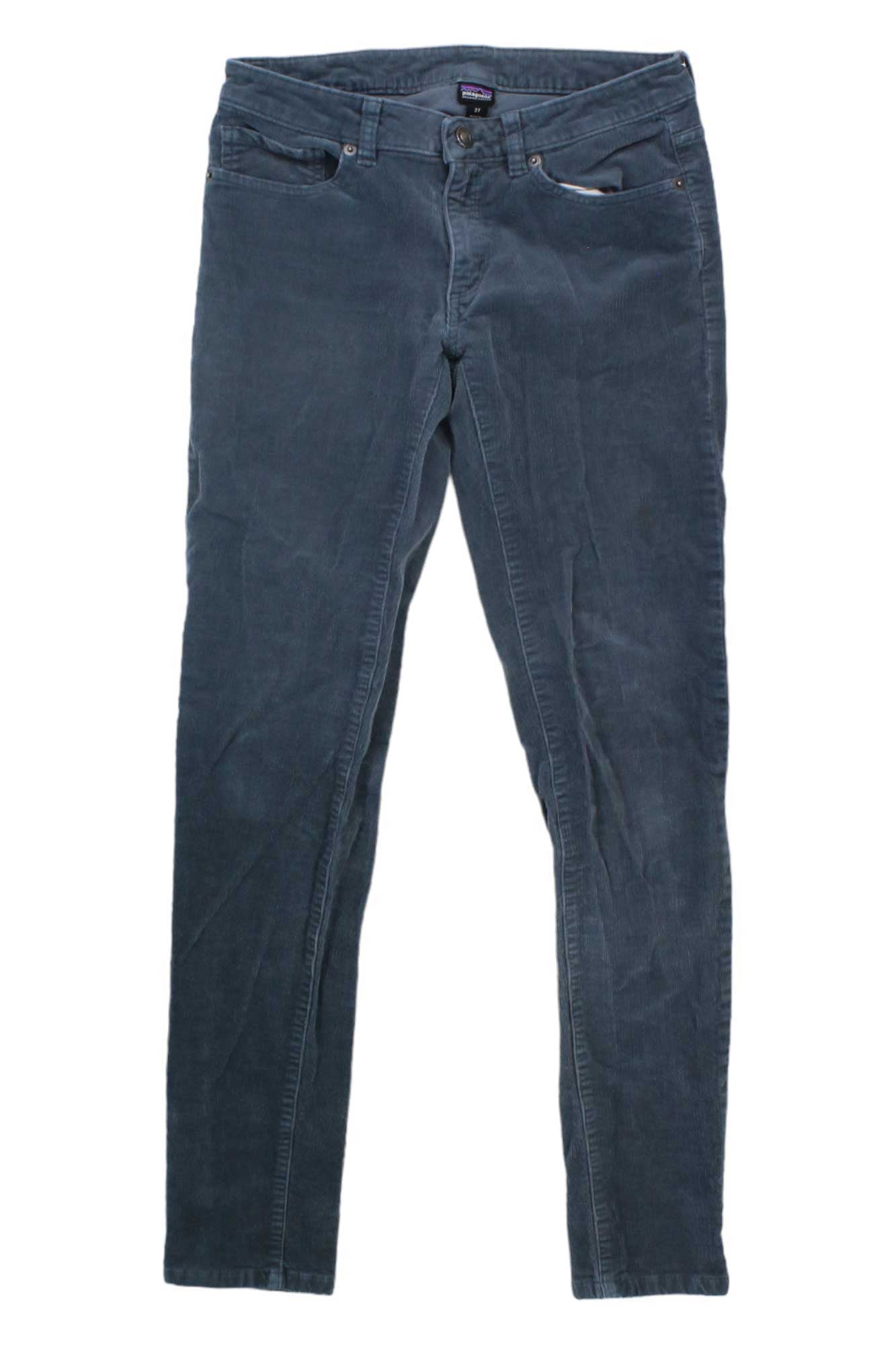 A pair of Women's Fitted Corduroy Pants in dark gray with a skinny silhouette and functional front and back pockets, laid flat on a white background.